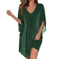 thumbnail image 2 of Ecqkame Women's Sparkly Ball&nbsp;Dresses Solid Color Mesh Breathable Party 3/4 Sleeves Loose V-Neck Cocktail Dress Army Green XL, 2 of 9