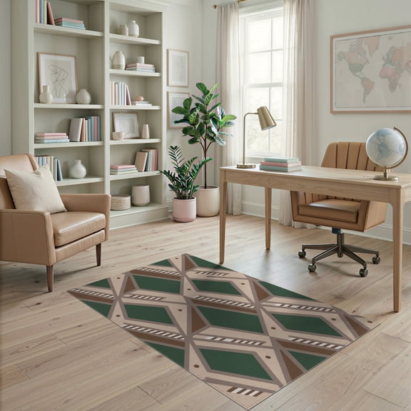 ODIKA 4'x6' Forest Green Geometric Tufted Washable Area Rug Modern Art With Bold Angular Lines Ornamental for Home Office, Under Desk, Non-Slip Chair-Friendly, Flatwoven