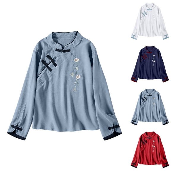 Endives Womens Cotton Linen Shirt Artistic Retro Embroidered Chinese Style Top Stand Collar Buckle Long Sleeve Shirt Spring Outfit White