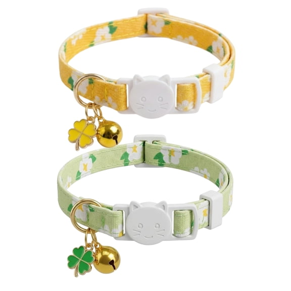 Adjustable Cotton Breakaway Cat Collar with Bell and Decorative Charm, Soft Floral Kitty Collar, Lightweight Pet Neck Collar for Cats, Yellow or Green