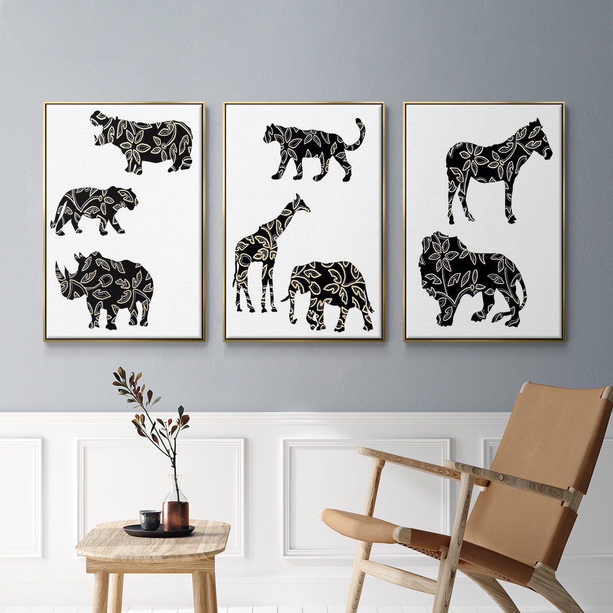 Ornamental Safari Animals I - Framed Premium Gallery Wrapped Canvas L Frame 3 Piece Set - Ready to Hang