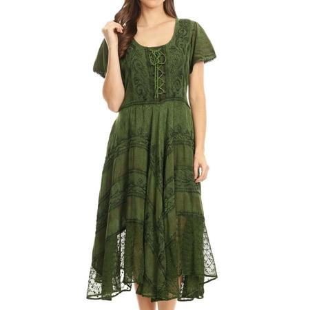 Sakkas Mila Long Corset Embroidered Cap Sleeve Dress With Adjustable Waist - Green - S/M