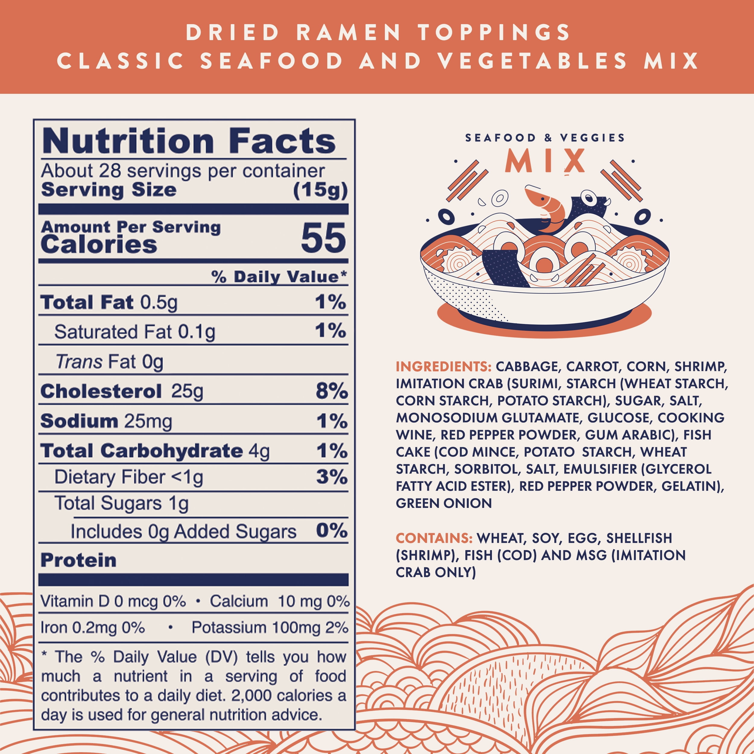 Big Bag Ramen Eats Classic Seafood Mix with Dried Vegetables Toppings for Noodles (15 oz, Seafood Noodle Mix)