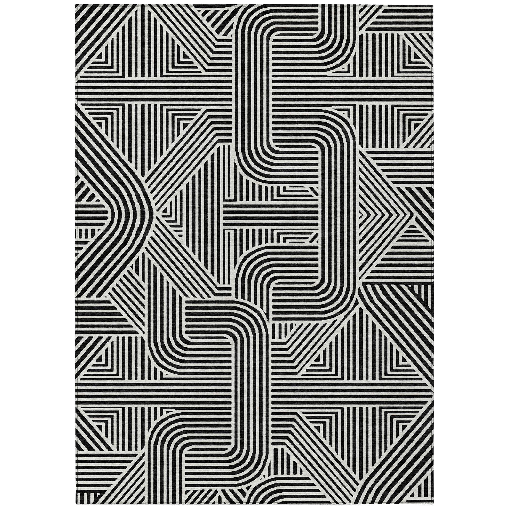 Addison Rugs Chantille Indoor/Outdoor Transitional Lines Black Washable Rectangle Rug, 10' x 14'