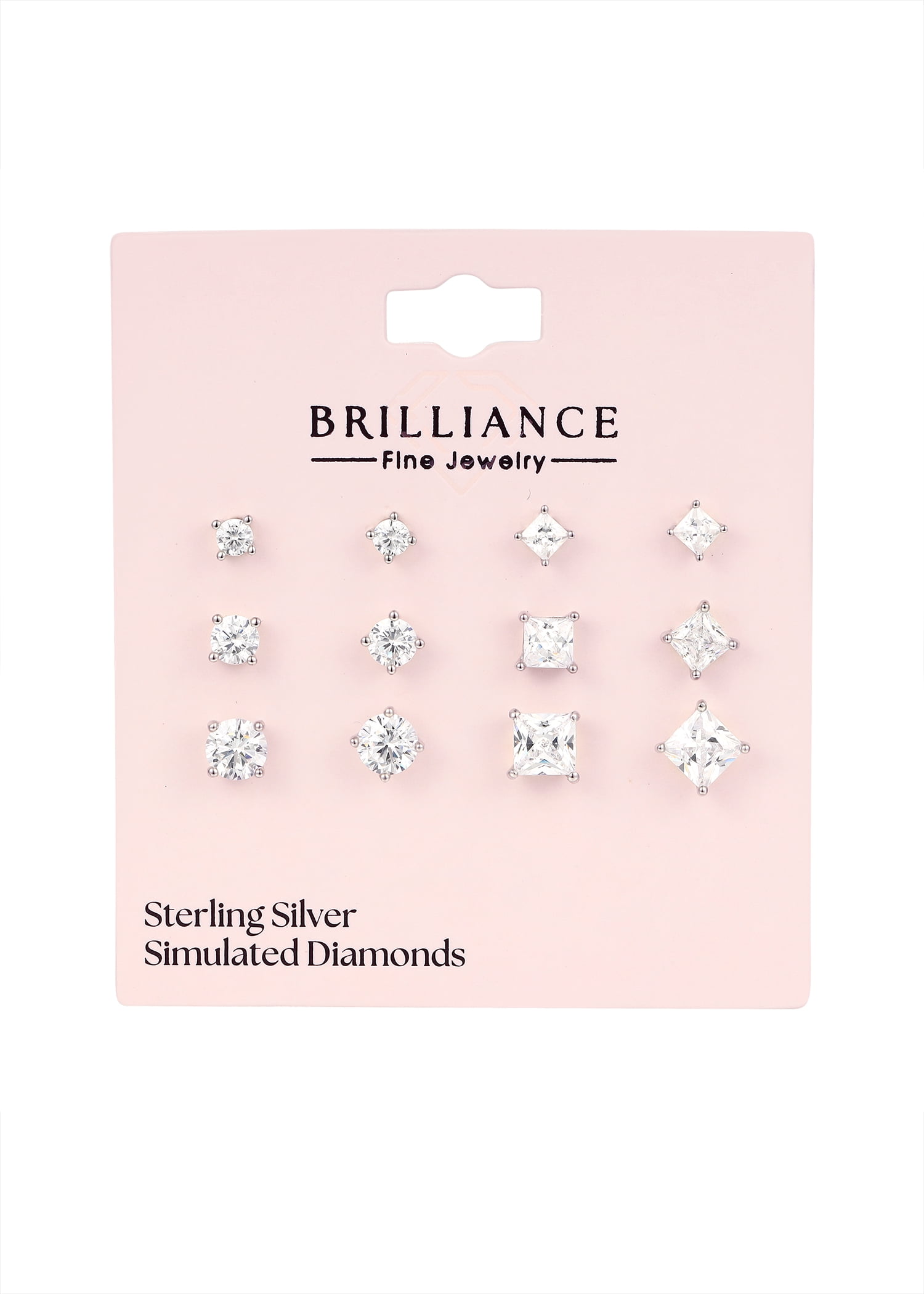 Brilliance Fine Jewelry Women's Simulated Diamond Round and Square Earring Set in Sterling Silver