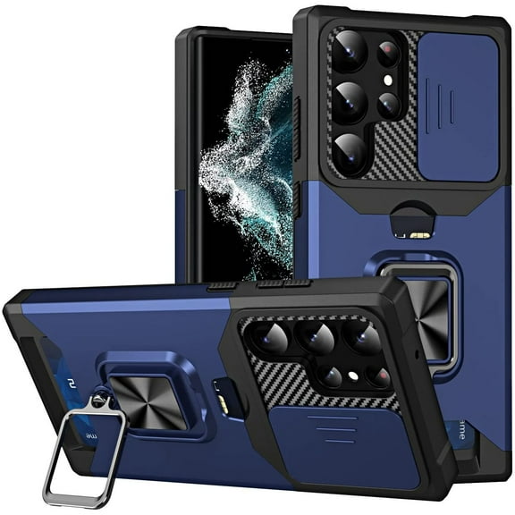 Military Grade All-In-One Ring Stand Card Case for Samsung Galaxy S23 Ultra - Blue