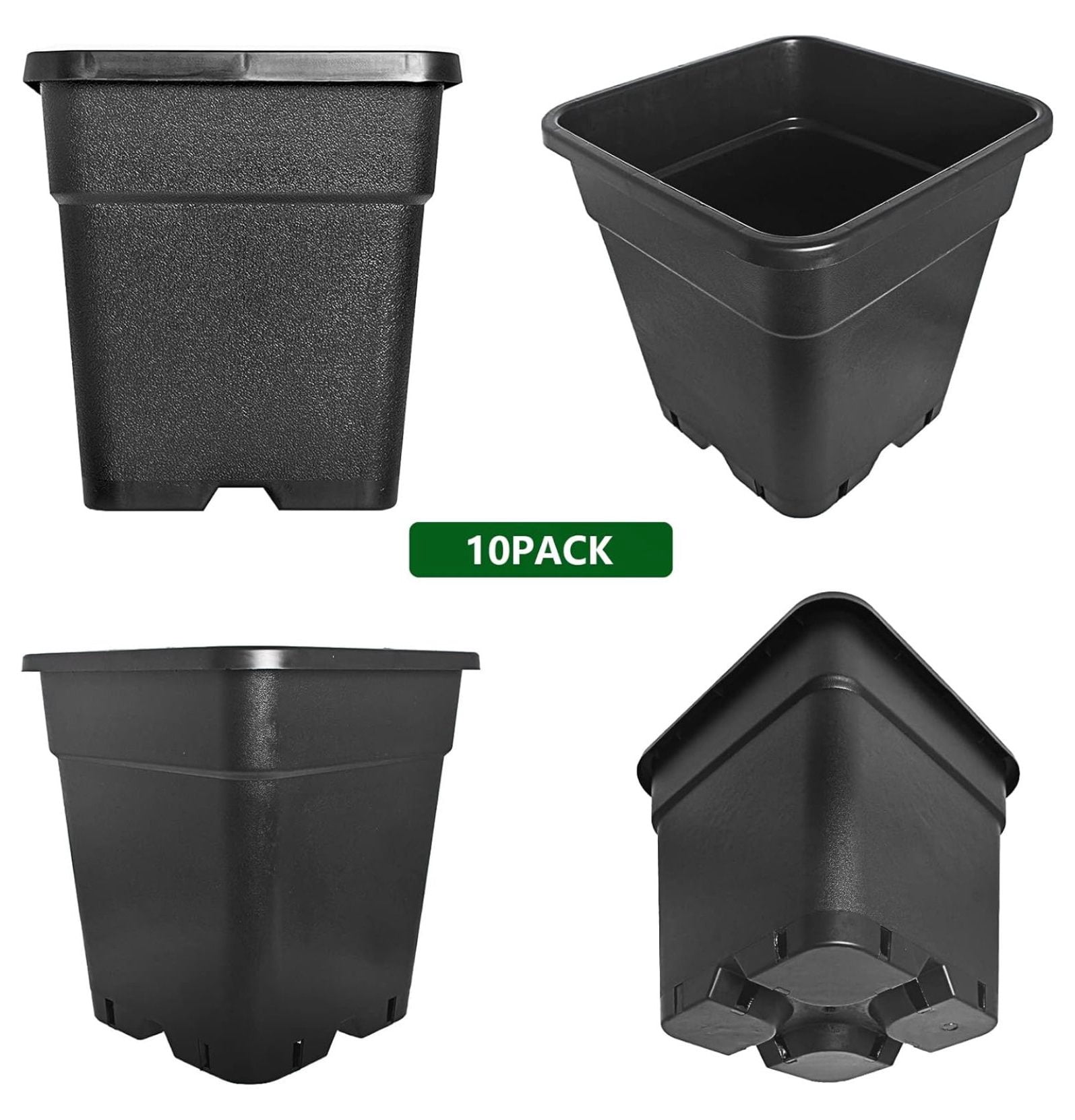 RainMan 10-Pack 5 Gallon Nursery Pots, Square Plant Containers for Indoor/Outdoor Use, Black Plastic Gardening Pots, Flower & Vegetable Grow Pots