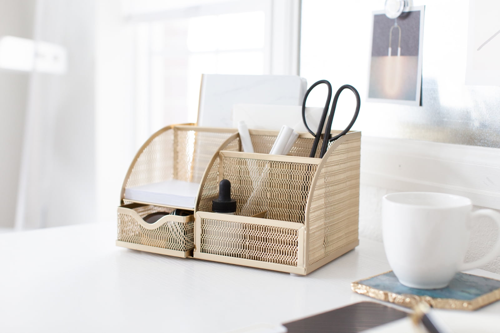 Blu Monaco Unique Metal Gold Desk Organizer with Drawer