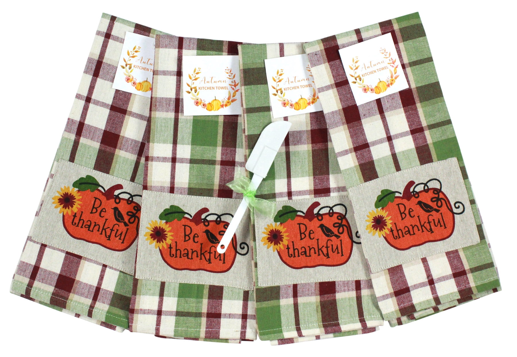 Autumn Kitchen Towels Set Fall Pumpkin with Sunflower and Bird Accent