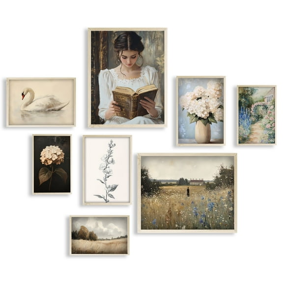 Eastern Print Vintage Wall Art Decor, Set of 8 Moody Antique Botanical Prints, Retro Gallery Poster Set for Living Room, Bedroom, or Office, Unframed