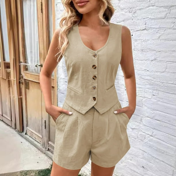 MKLEKYY Pantalones Cortos Para Correr Mujer Traje Corto Sin Mangas Con Cuello En V De Color Liso Para Mujer