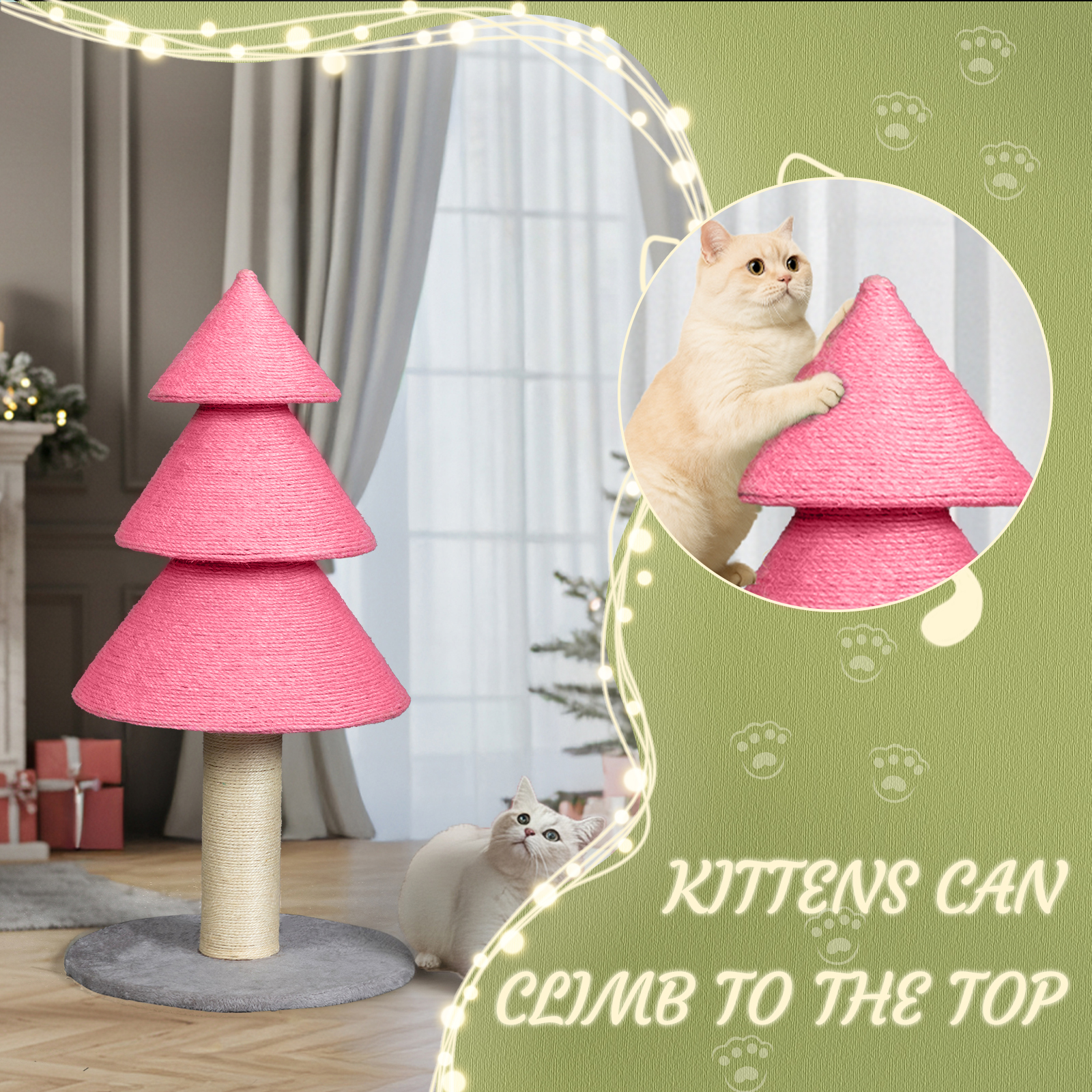 Zimtown Large Christmas Tree Cat Scratching Post, 31.5-Inch Tall Sisal Scratcher for Indoor Cats, with Toy Ball, Pink