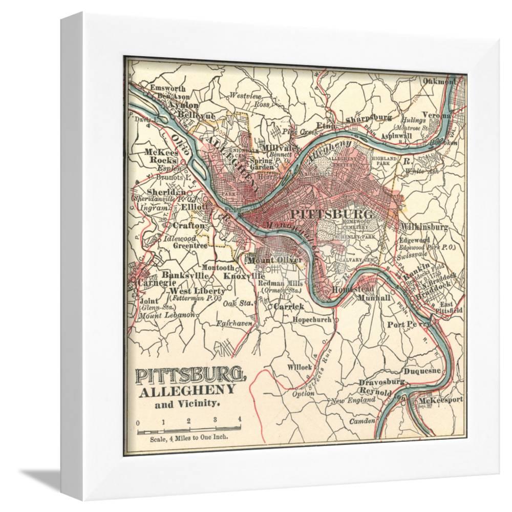 Map of Pittsburg, Now Spelled Pittsburgh C 1900, Framed Art Print Wall