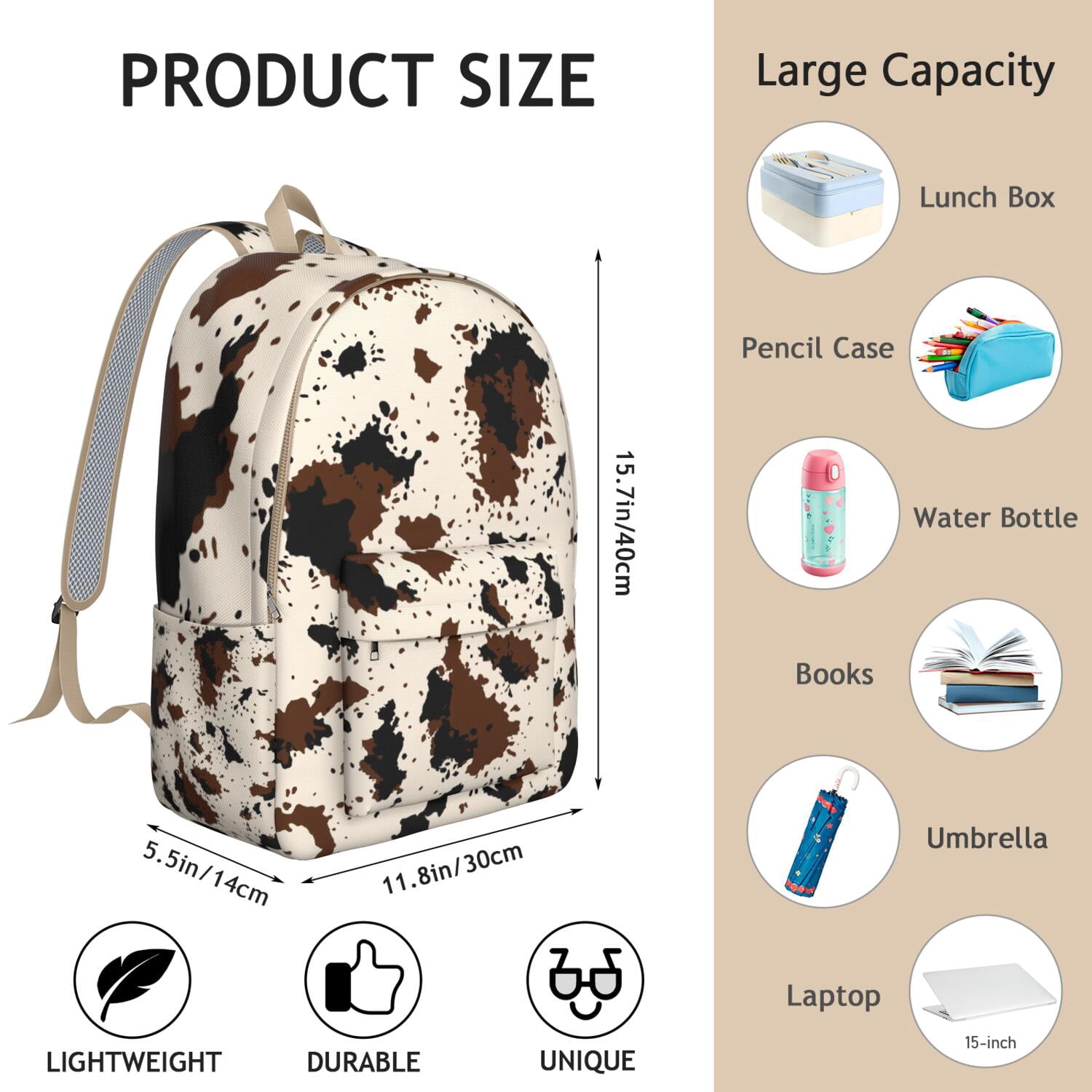 Waterproof School Backpack with Cute Black and White Cow Print – Farmhouse Rustic Design Featuring Country Style Cartoon Patterns, Durable and Lightweight for Everyday Use