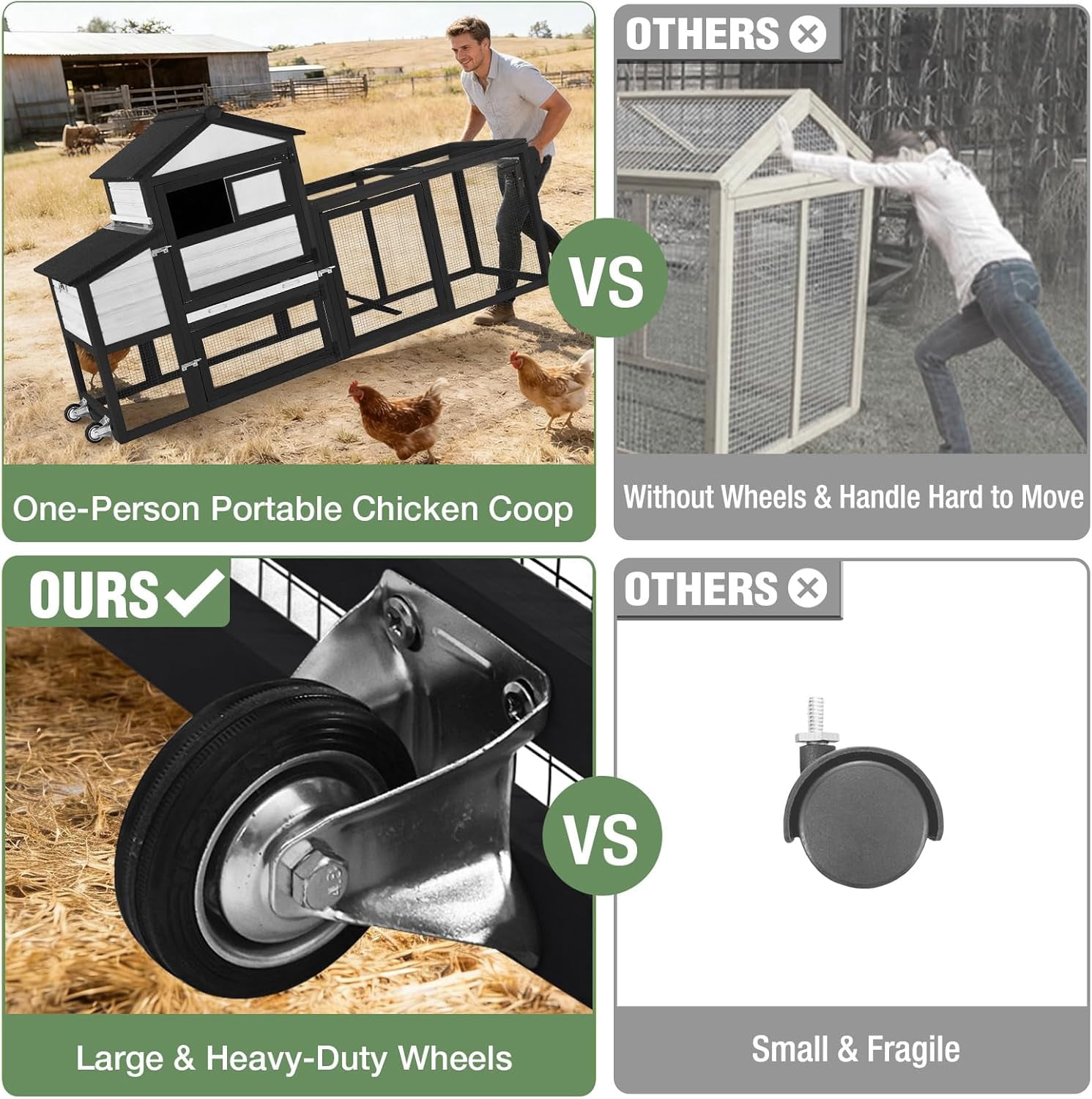 Aivituvin Mobile Chicken Coop with Wheels, 82.4" L Large Outdoor Hen House with Run Nesting Box for 4-6 Chickens, Weatherproof Chicken House Black