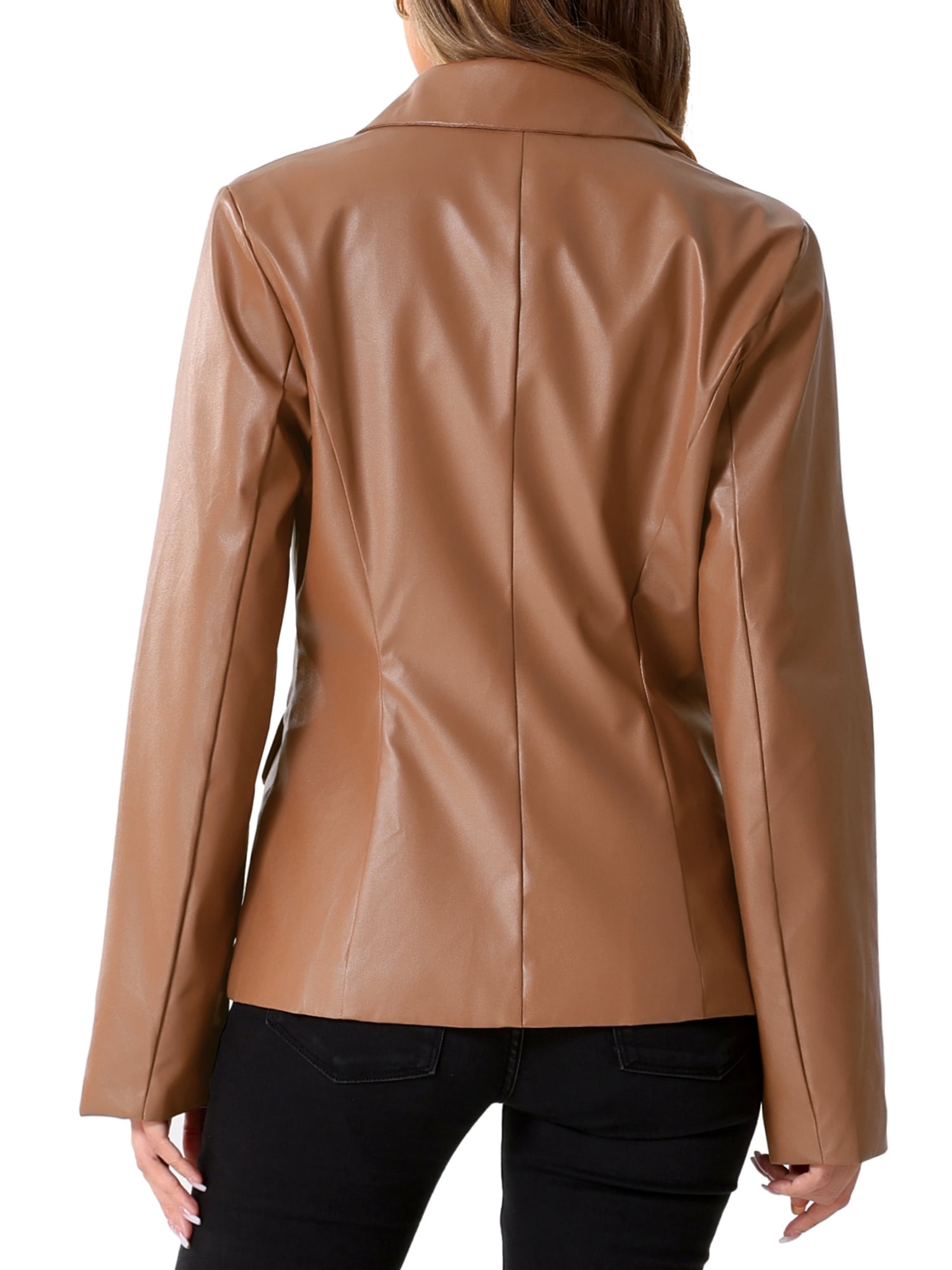 INSPIRE CHIC Women's Notched Lapel Faux Leather Blazer Double Breasted PU Work Formal Jackets