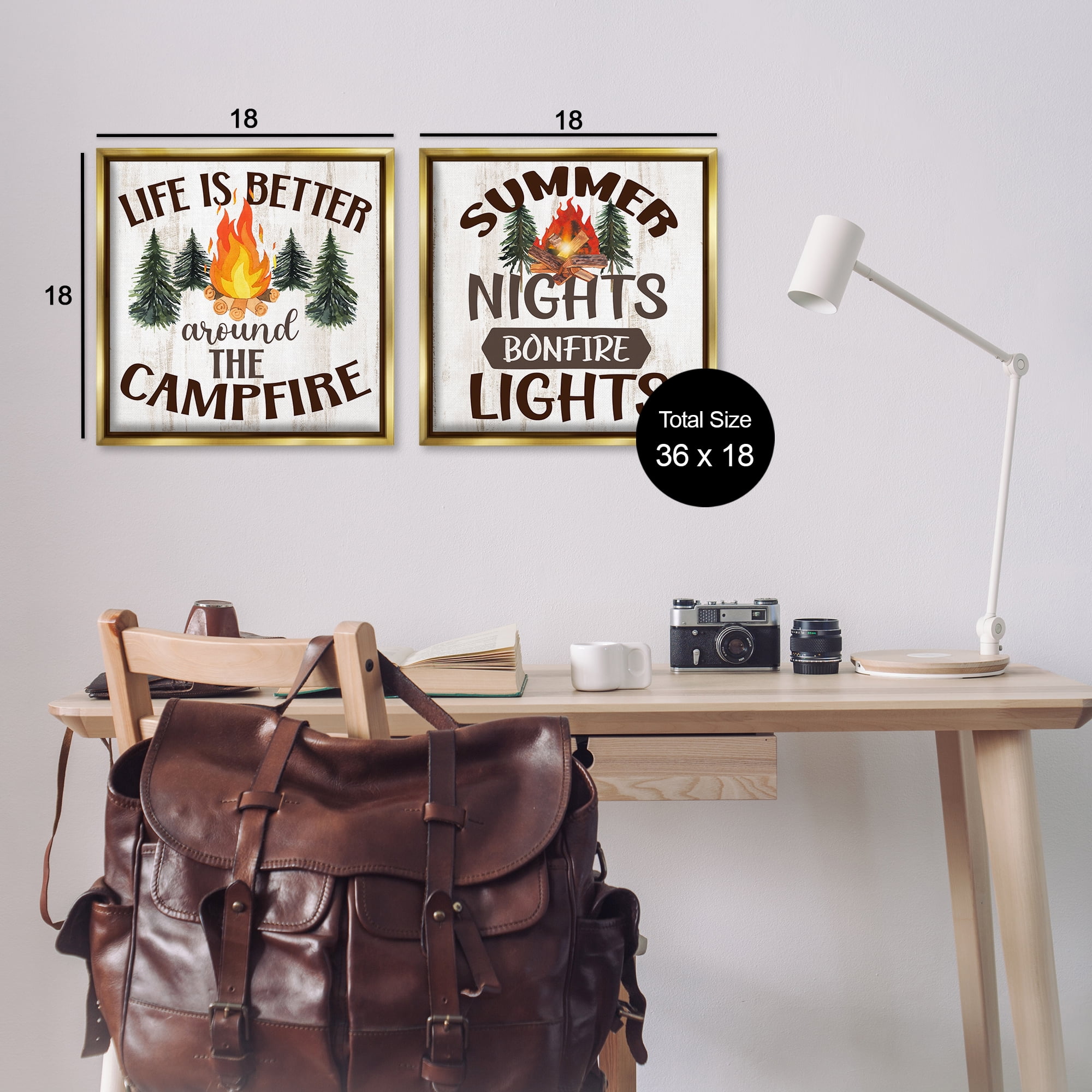 Stupell Industries Summer Nights Campfire Text & Numbers Painting Gold Floater Framed Canvas Art Print Wall Art, 18 x 18, Set of 2