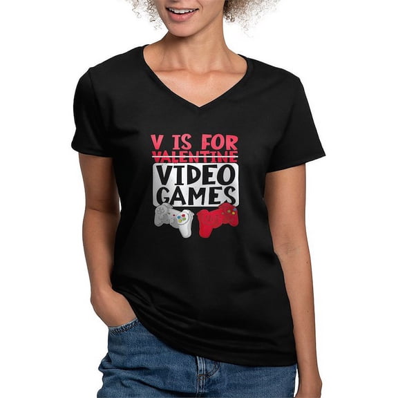 CafePress - V Is For Video Games Valentines Day Gamer T Shirt - Women's V-Neck Dark T-Shirt