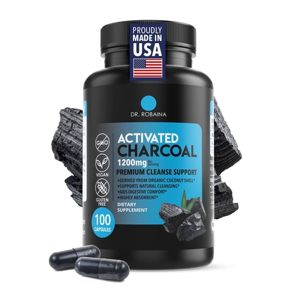 Dr. Robaina Activated Charcoal Capsules 1200mg, 100 Count - Digestive Comfort & Gas Relief