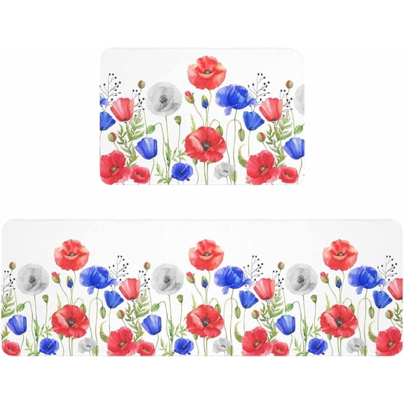 Kitchen Rugs and Mats,Red Blue Poppy Flower Independence Day 2 Piece Anti Fatigue Area Runner Rug Set Comfort Standing Floor Mat,Country Plant on White Non Slip Absorbent Doormats for Laundry
