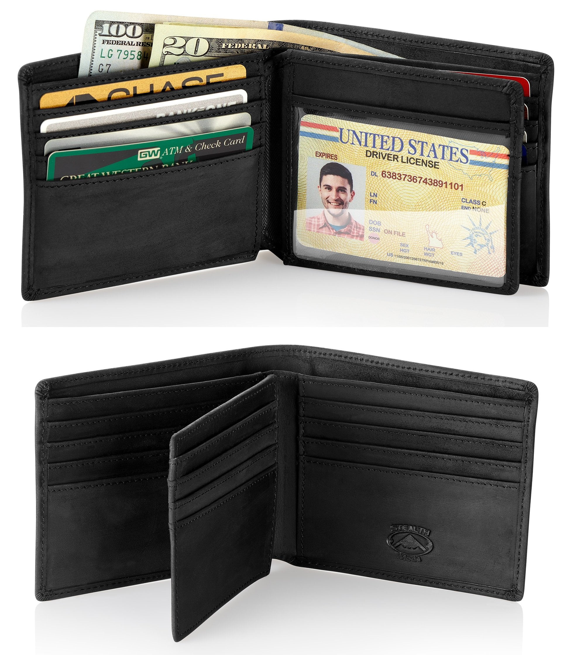 Stealth Mode Leather Bifold Wallet for Men With ID Window and RFID Blocking (Black)