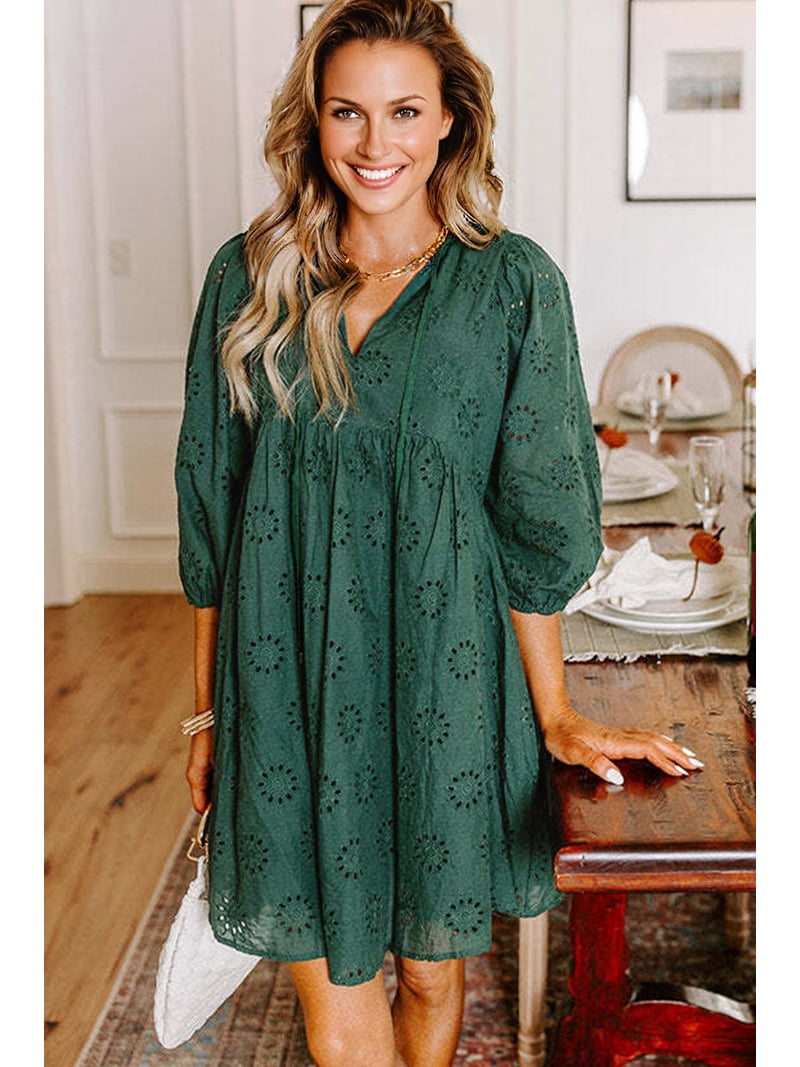 ZhiHiMeRi Casual V Neck Floral Mini Dress - High Waist H-Line Silhouette in Blackish Green | M, Girl's, Size: Medium