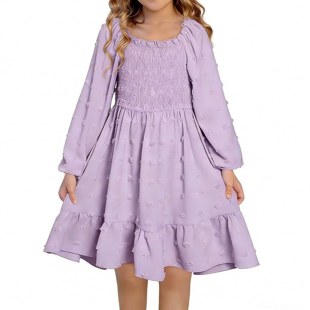 Vestido de niña de manga larga con cuello redondo, color liso, cuello alto, manga larga, dobladillo con volantes, vestido grande para niña, vestido de poliéster para niña