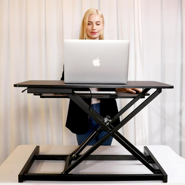 Ergomaker Standing Desk Converter 32 X 16 Inches Height Adjustable Quick Sit To Stand Up Desk Riser For Dual Monitor Black Frame Black Desktop Walmart Com Walmart Com