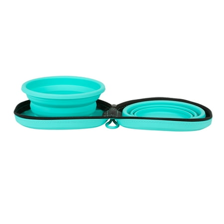 UPC: 0633125202556 | Pounce + Fetch Silicone Travel Double Bowl with Case W. Zipper 18oz