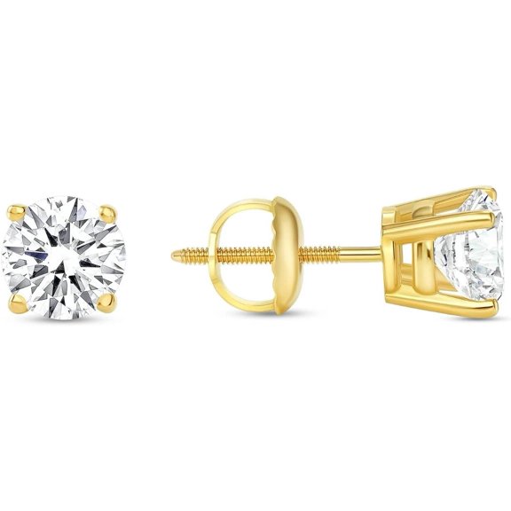 1/2 Round Cut Lab Grown Diamond Earrings | 925 Yellow Solid Gold Stud Earrings Screw Back | Stylish Everyday & Party Jewelry for Women