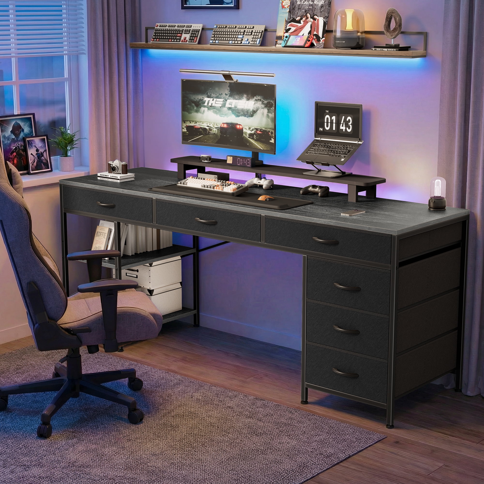 Amadwell 54" Desk with Drawers & Storage, Office Desk with Reversible Shelves, Gaming Computer Desk, Grey