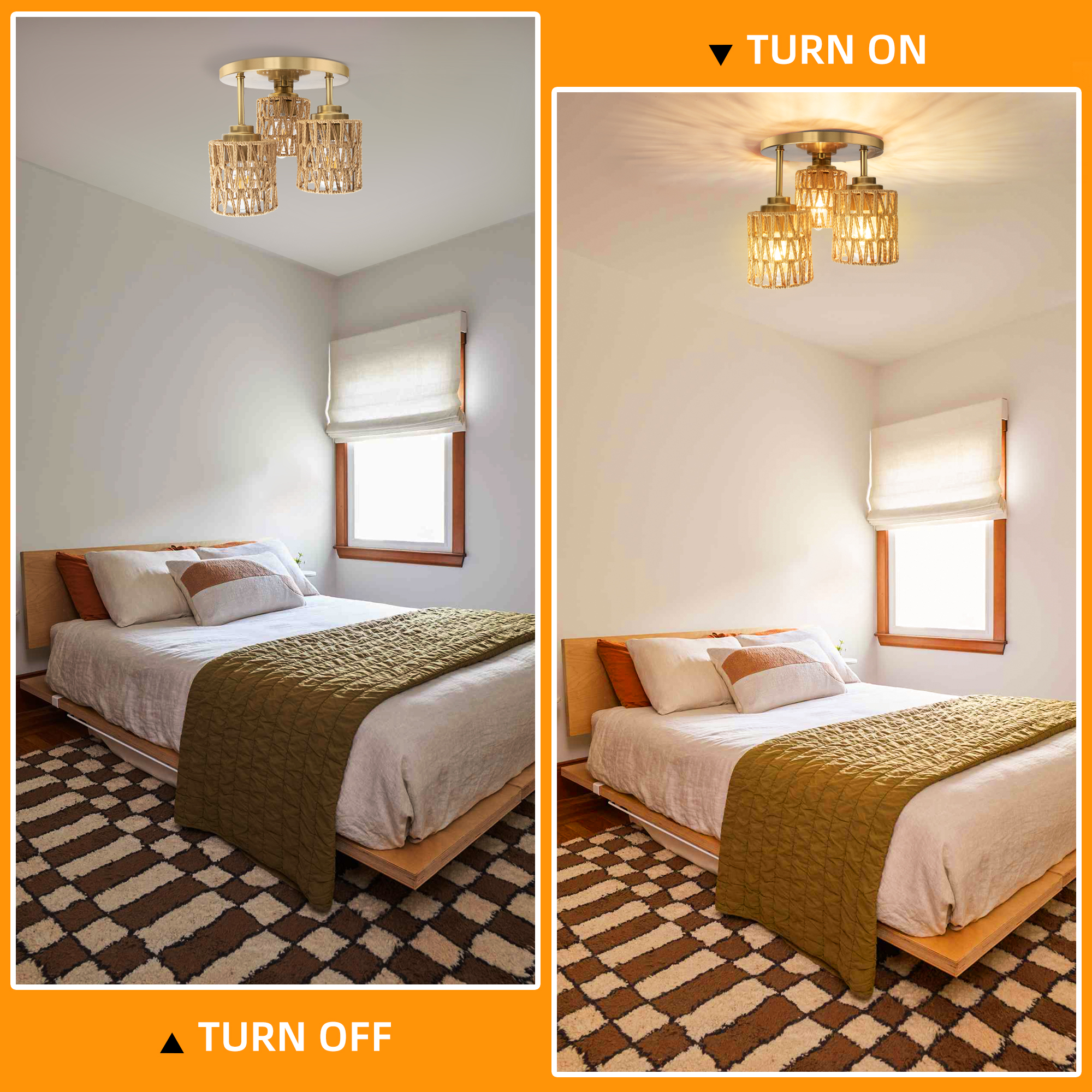 Hlite Boho Flush Mount Ceiling Light with Hand Woven Rattan Shades,3-Light Rustic Ceiling Light for Hallway Kitchen Living Room,Bulb Not Included,1 Set