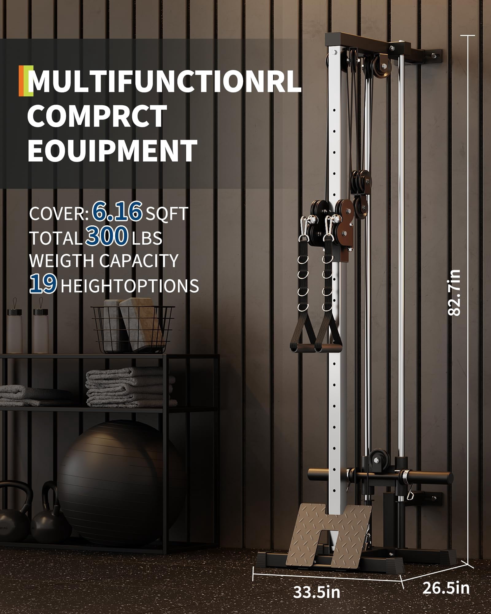Danolapsi Wall Mount Cable Station,LAT Pulldown Machines with 19 Positions Dual Pulley System,Cable Crossover Machine with Adjustable Footplate, T-Bar and More Attachments, Workout Equipment Home Gym