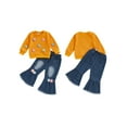 thumbnail image 2 of Loicainy Toddler Baby Girl Spring Fall Outfits 6 12 18 24 Months 2T 3T 4T Decorative Flowers Crew Neck Long Sleeve Sweatshirt and Flared Jeans 2 Pcs Kids Clothes Set, 2 of 9