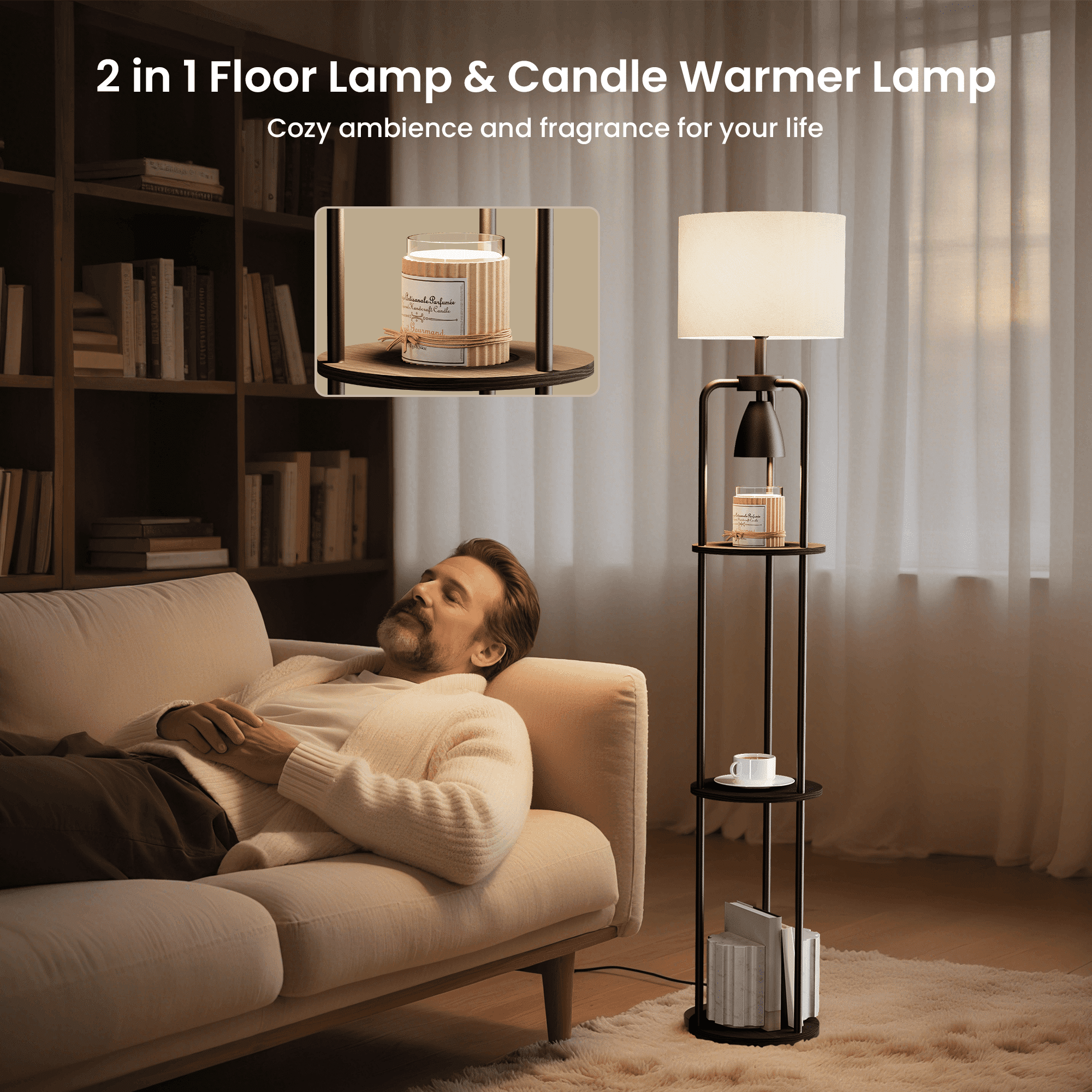 HadinEEon Floor Lamp with Candle Lamp Warmer, 2 in 1 Modern Floor Lamp with Shelves for Living Room Bedroom