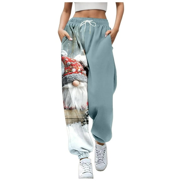 Fiaer Christmas Women's Sweatpants Trendy Baggy Xmas Pants Plus Size Santa Funny Graphic Elastic Waisted Casual Lace up Pockets Trousers Yellow XL