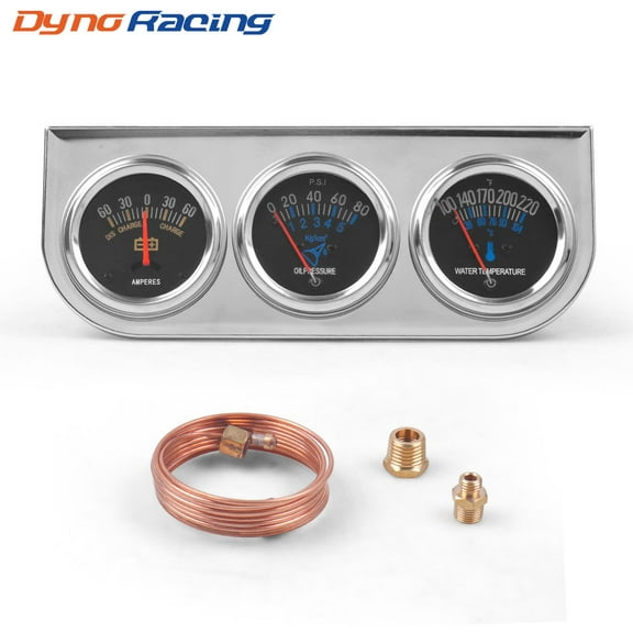 Dyno Racing 2'' 52mm Chrome Car Triple Gauge Set Kit AMP Meter Water Temp Oil Pressure 3in1
