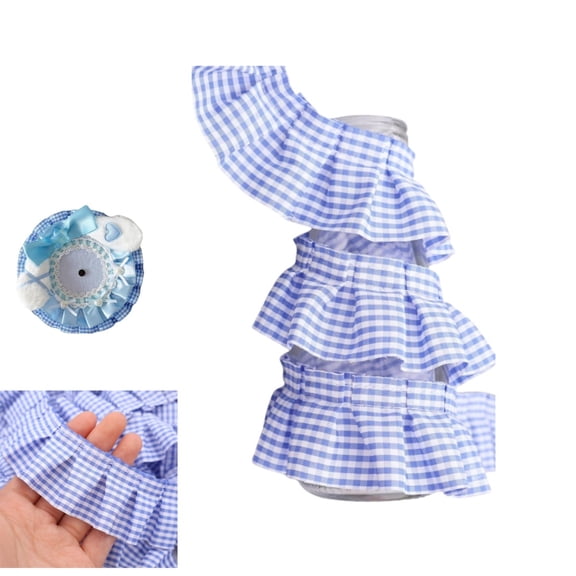 QZS Gingham Ribbon Fabric Edge Trimming,5 yards Satin Ruffle Trim Fabric Trims 1.6 inch Pleated Fabric Ribbon for DIY Dress Headwear Decoration and Gift (Blue)