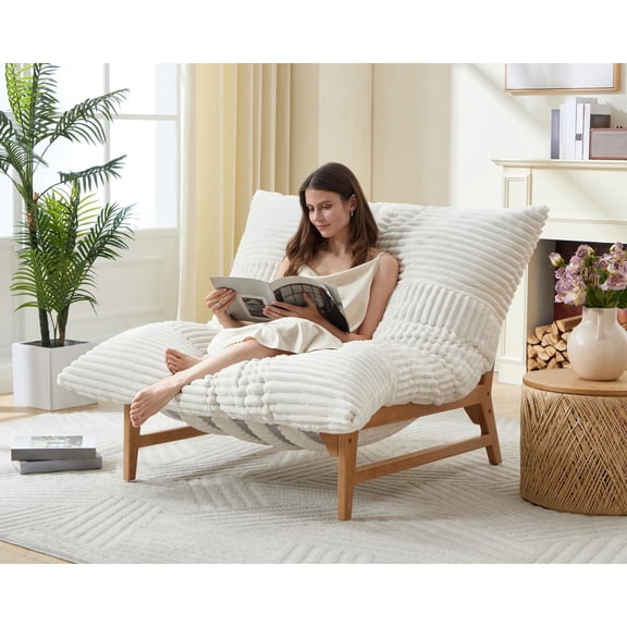 PLAUIN 46" Sofa Chair, Modern Accent Chair, Sofa Style Bean Bag with Plush Cushion, Lazy Lounge for Living Room, Chenille White