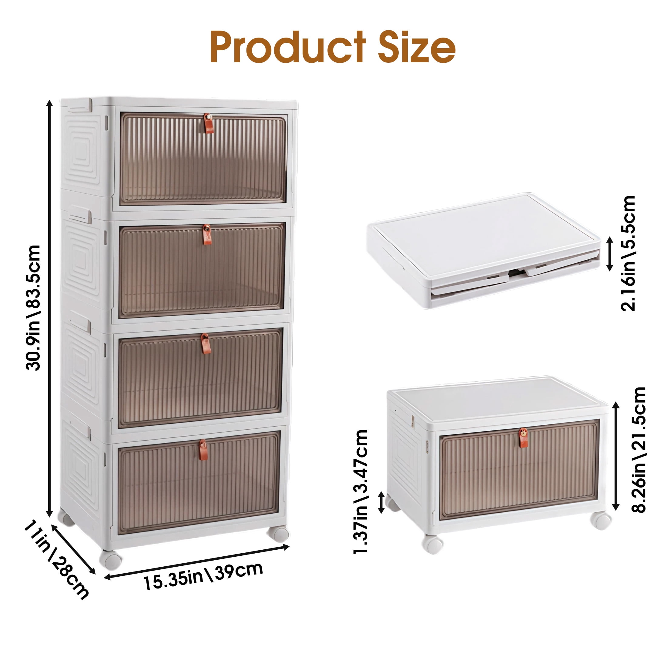 4 Tier Stackable Storage Bins with Lids and Wheels, 92 Qt Folding Storage Box with Doors, Plastic Closet Organizers and Storage Containers for Living Room, Office, Dorm