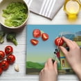 thumbnail image 3 of Cartoon Cutting Board, Yellow Bus Full of Passengers and Luggage Driving in Meadows Warm Spring Day, Decorative Tempered Glass Cutting and Serving Board, Large Size, Multicolor, by Ambesonne, 3 of 4