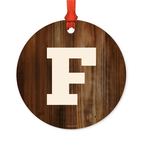Metal Christmas Ornament, Monogram Letter F, Rustic Wood, Includes Ribbon and Gift Bag