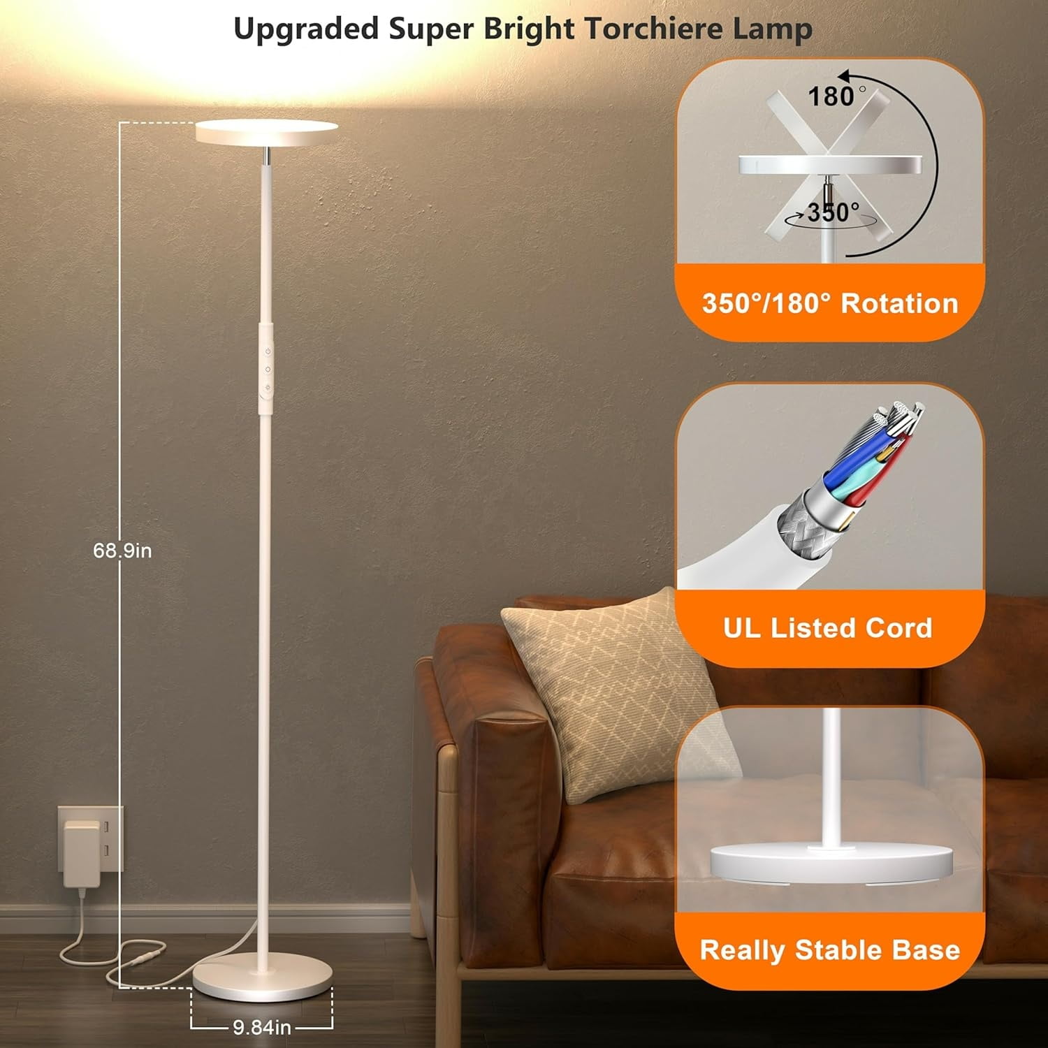 Floor Lamp for Living Room, Stepless Dimmable LED Standing Lamp with Remote and Touch Control, 69” Tall Corner Lamp for Bedroom Office Hotel, White