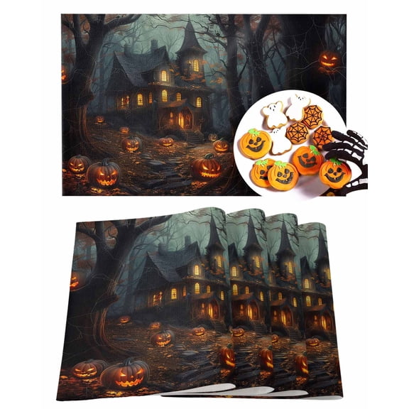 Halloween Placemats Set of 4 Spooky Vintage Castle Place Mats Fall Placemat Cartoon Pumpkin Table Mats for Dining Kitchen Table Holiday Dinner Party Home Decorations 13x19 Inch