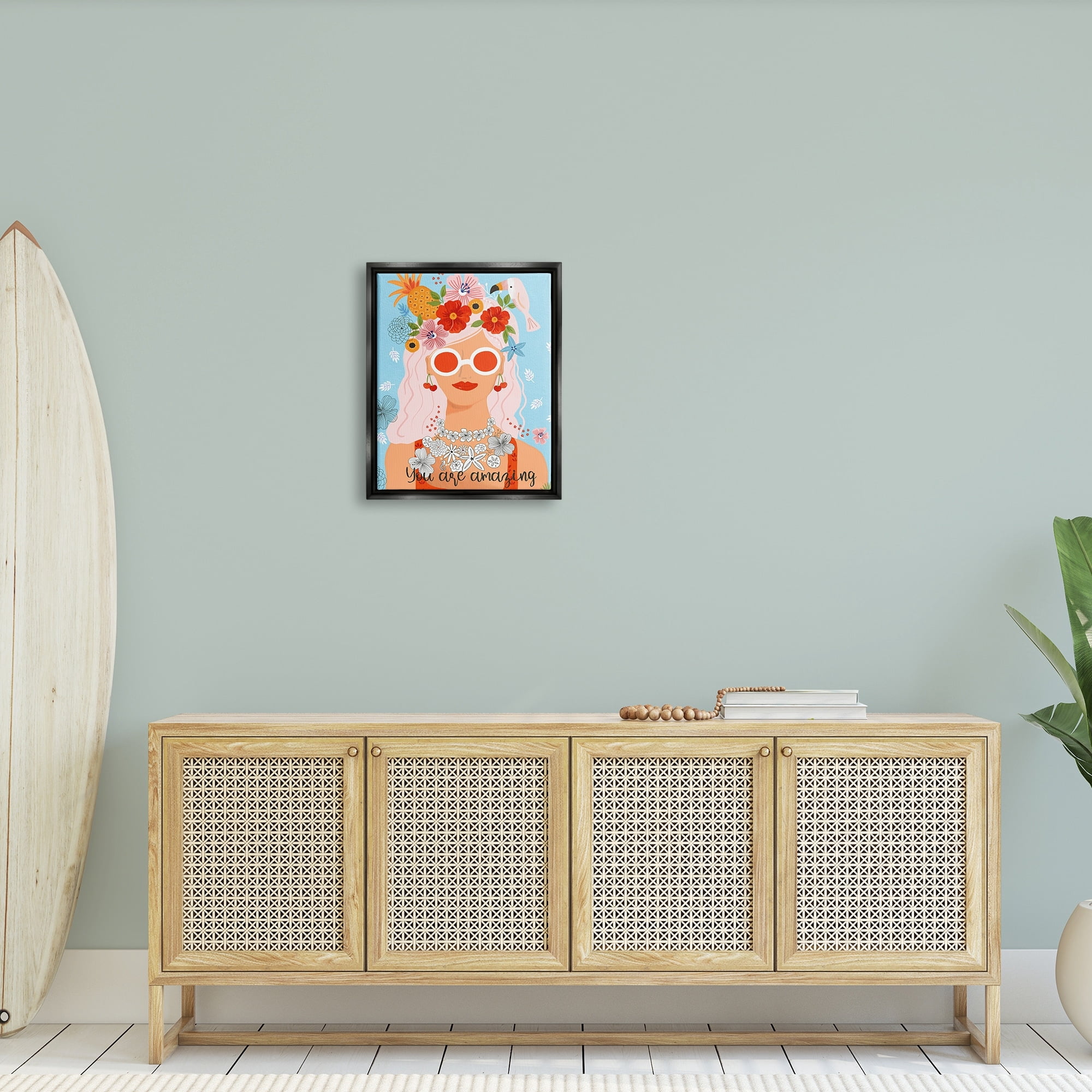 Stupell Industries You Are Amazing Motivational Floral Woman Portrait Graphic Art Jet Black Floating Framed Canvas Print Wall Art, Design by Sharon Lee