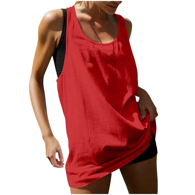 Olyvenn Womens Cotton Workout Tank Tops Racerback Sleeveless Relaxed-Fit Oversized Shirts Summer Fashion Sports Tops Red S