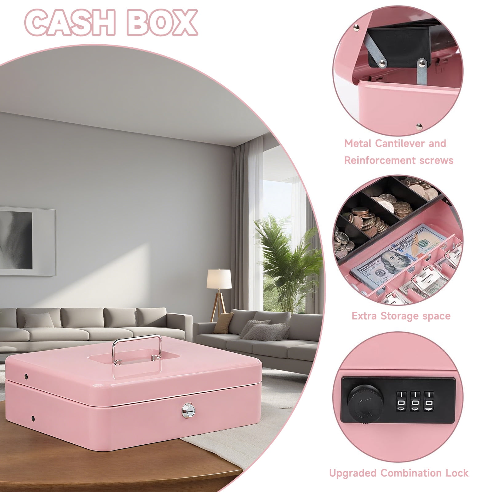 OUTGOO Cash Box with Money Tray and Lock, Metal Money Box for Cash, Key Lock Safe Box, Money Saving Organizer, 11.8" x 9.4" x 3.5", 4 Bill 5 Coin Slots