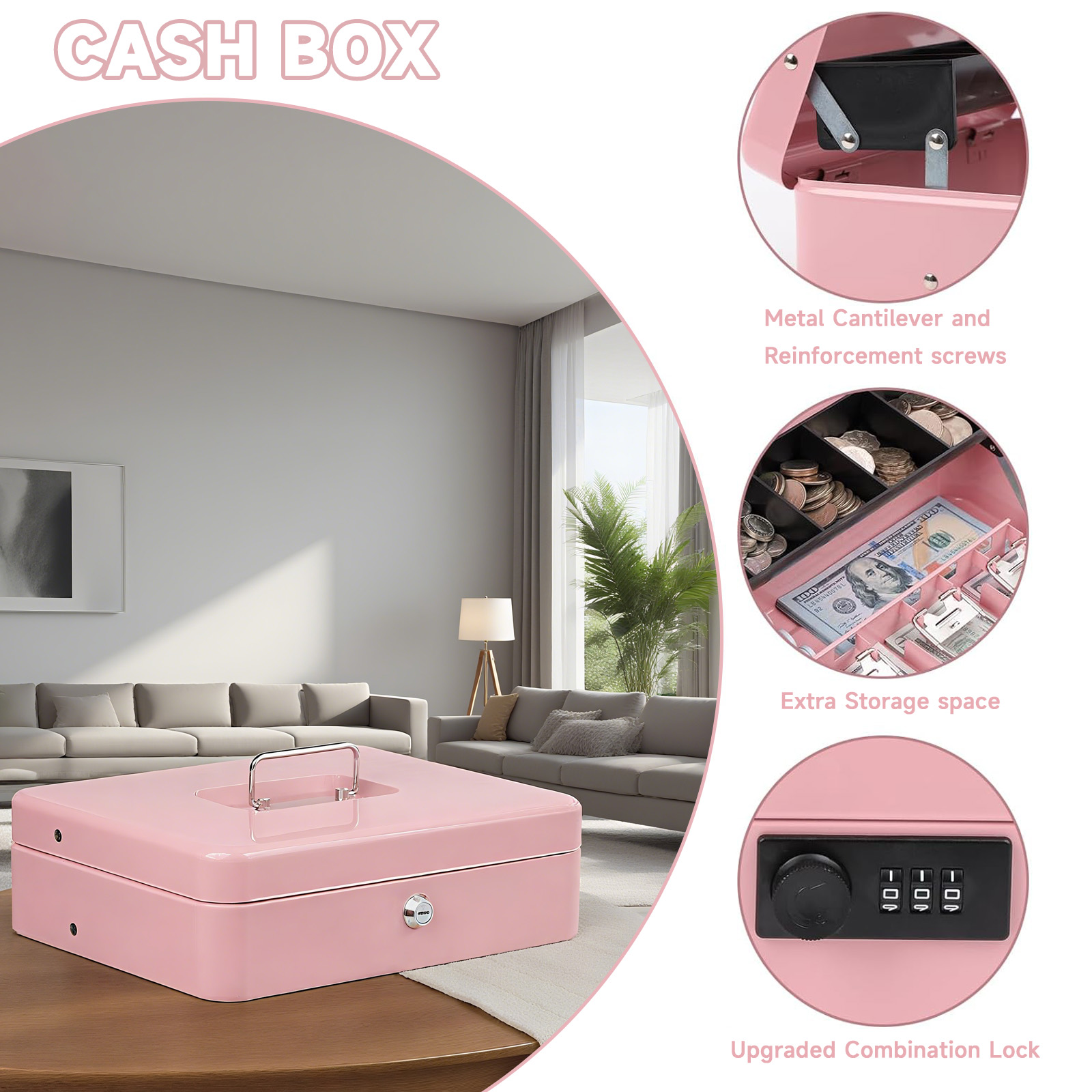 Outgoo Steel Cash Box with Money Tray and Key Lock photo 3