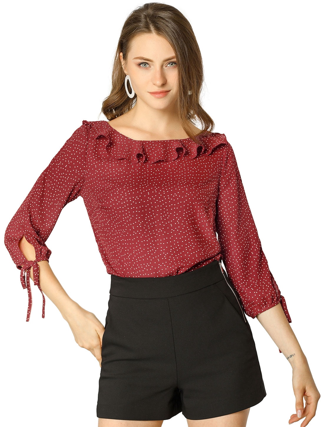 DARING DIVA Polka Dots Ruffled Neck 3/4 Sleeve Blouse Top 2XL Wine Red