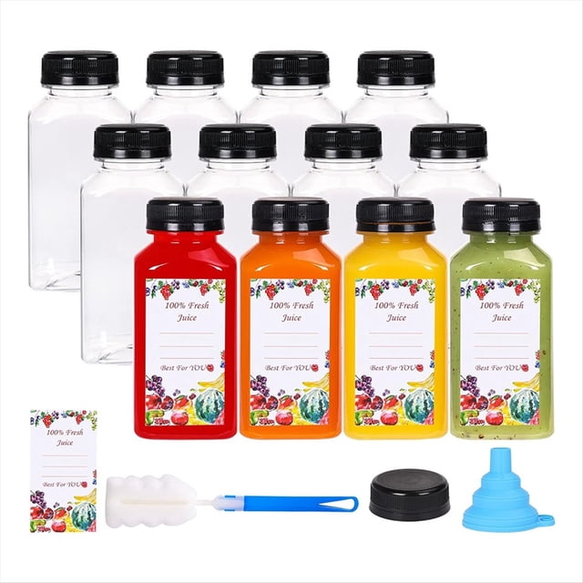12 de Jugo de Plástico de 8 Oz con Tapas una Prueba de Manipulación, Recipientes de Jugo Transparentes Reutilizables con Etiquetas, Embudo y Cepillo